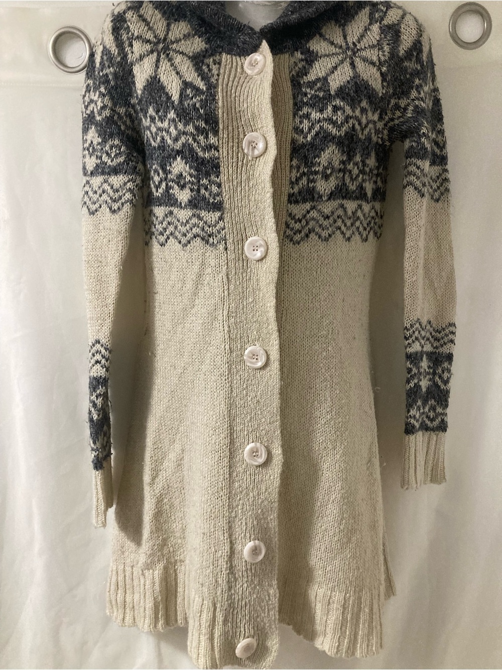 Nordic Fair Isle Long Cardigan Sweater Cream Gray Wool Blend Shawl Collar